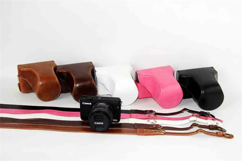 Luxury Bags Videos - カメラ用の高級PUレザーケース,一体型プロテクター,レンズ保護,ストラップ付き,eos m200,m100,m10,18-55mm