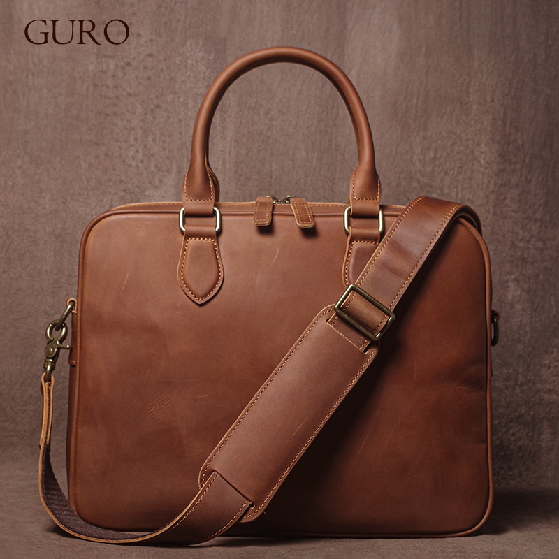 Luxury Bags Vintage - GURO 男性クレイジーホース牛革ブリーフケース高級本革ハンドバッグシンプルな軽量ショルダーバッグファイルラップトップクロスボディバッグ